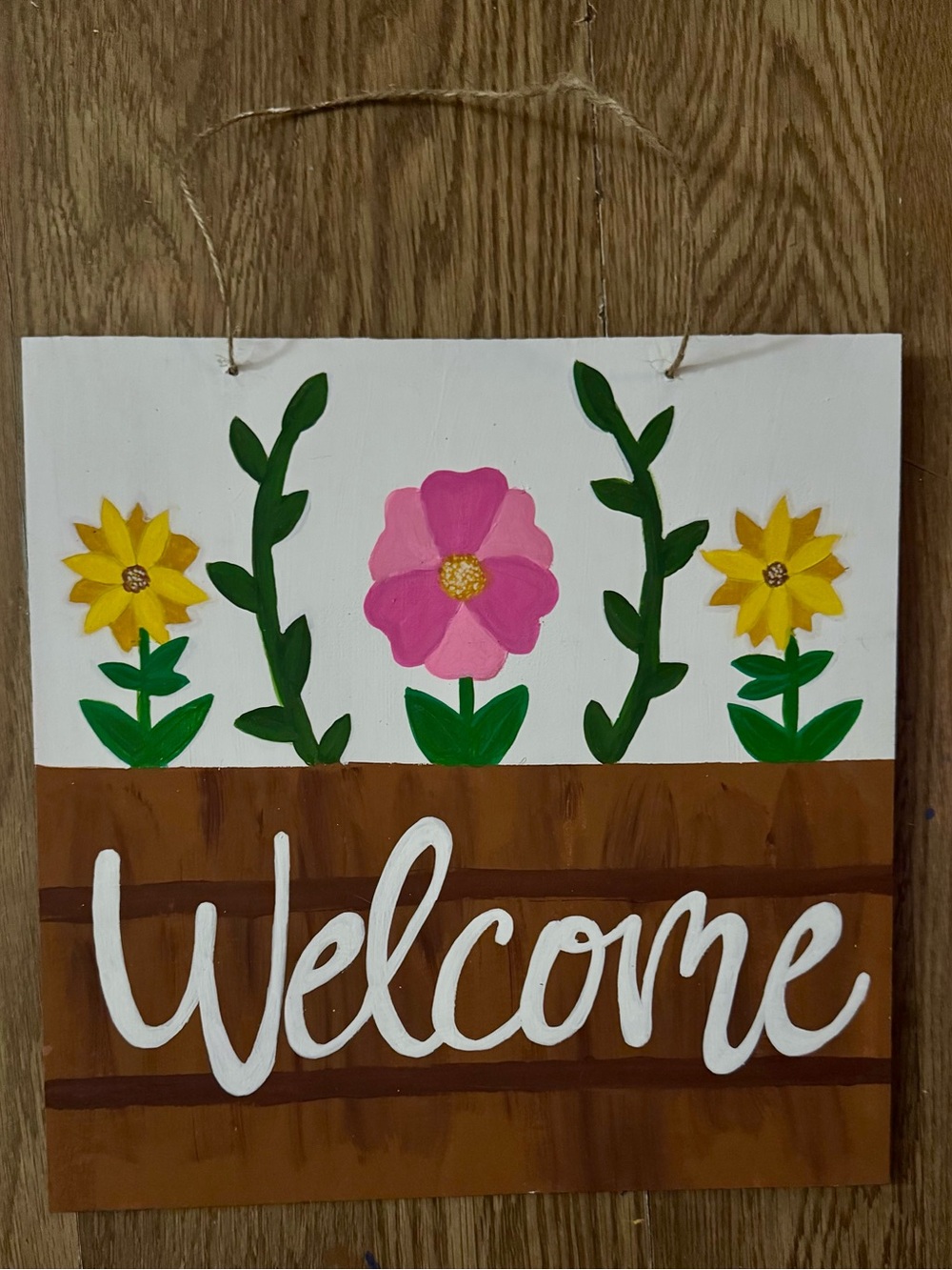 Hand-Painted Floral "Welcome" Hanging Sign